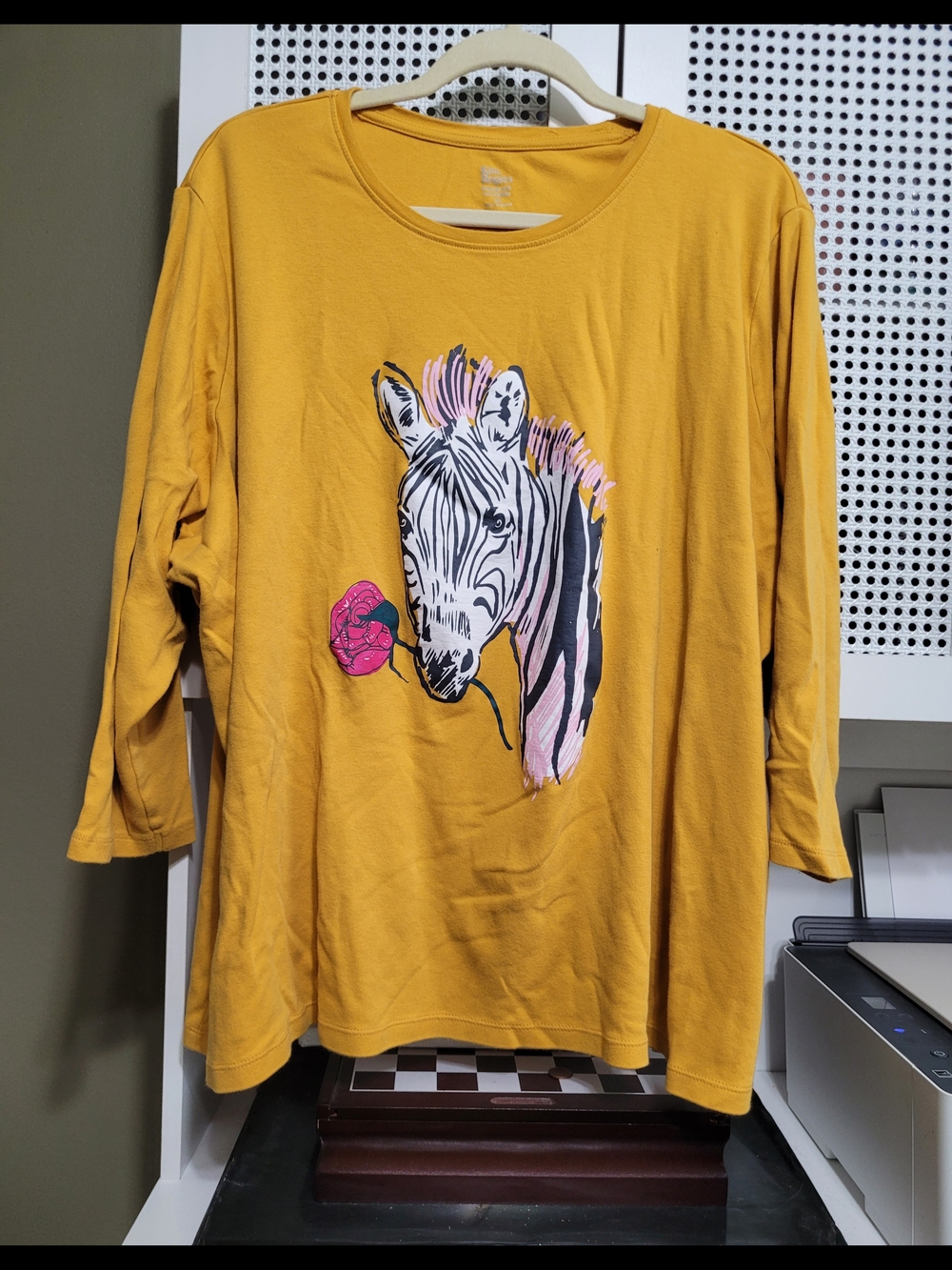 Kim Rogers Mustard Long Sleeve Zebra Graphic Tee with Pink Accent